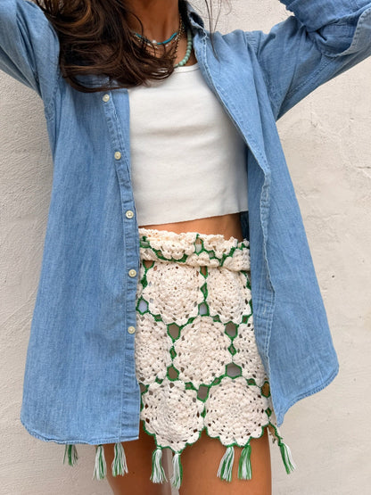 Crochet Mini Ivory and Green Fringe