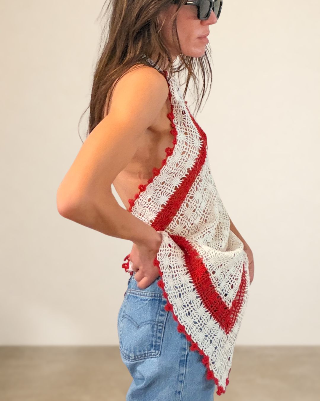 Vintage Crochet Halter Red White