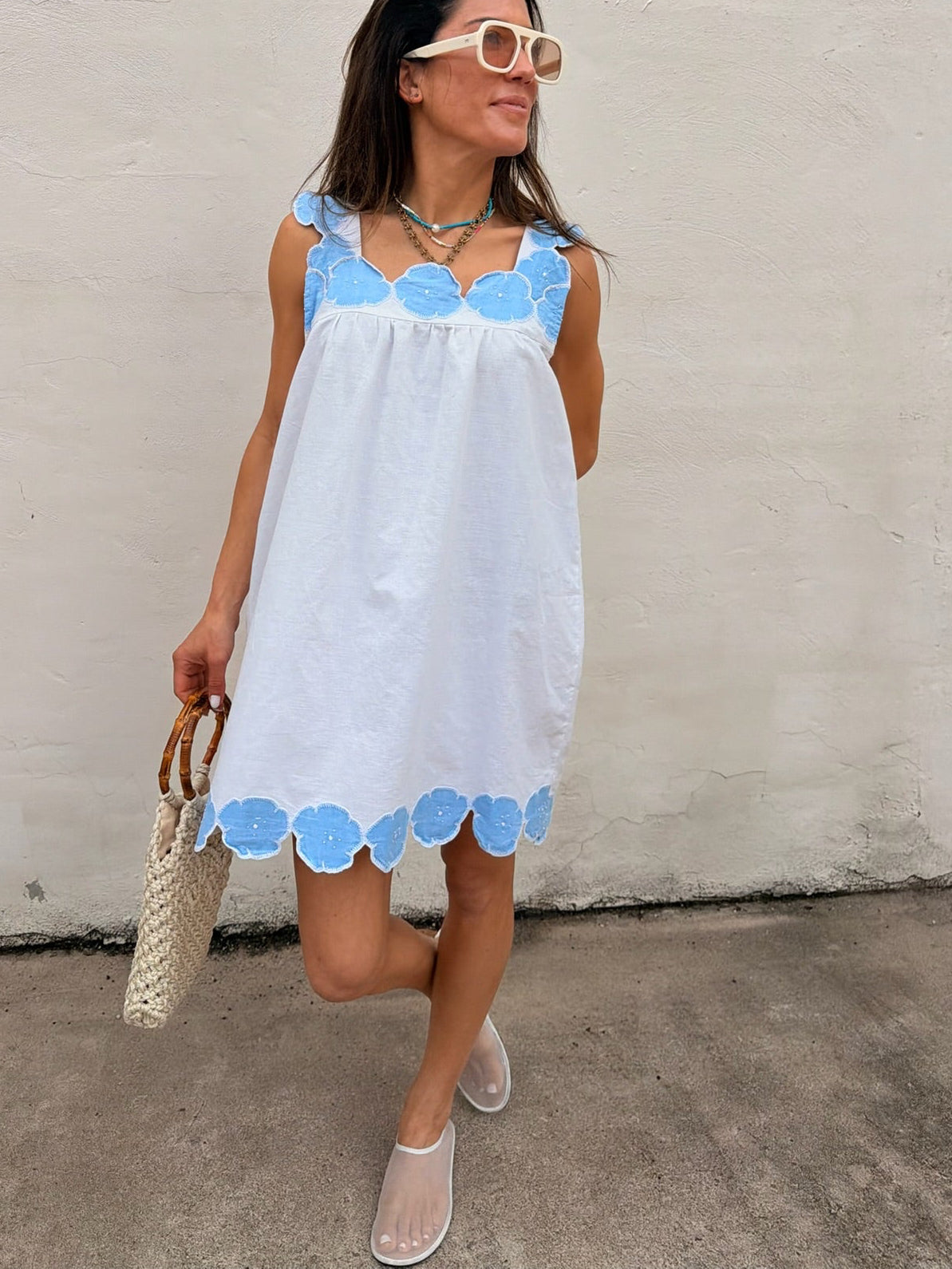 Blue Flower Trim Mini Dress