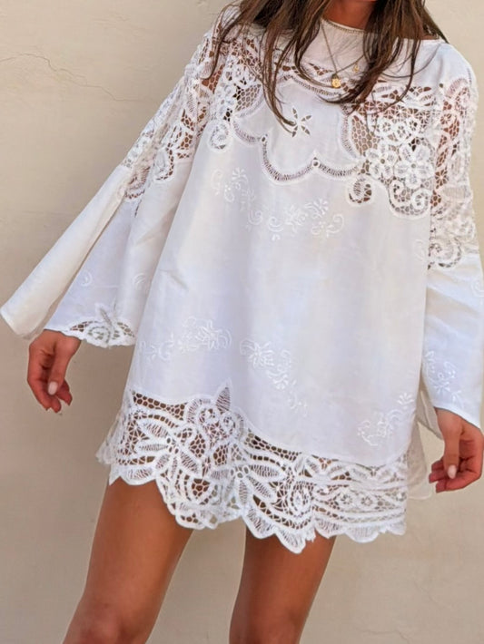 Bell Sleeve Cutwork Mini Dress