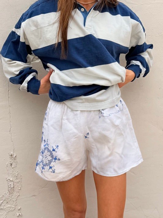 White Linen w/ Blue Tablecloth Shorts