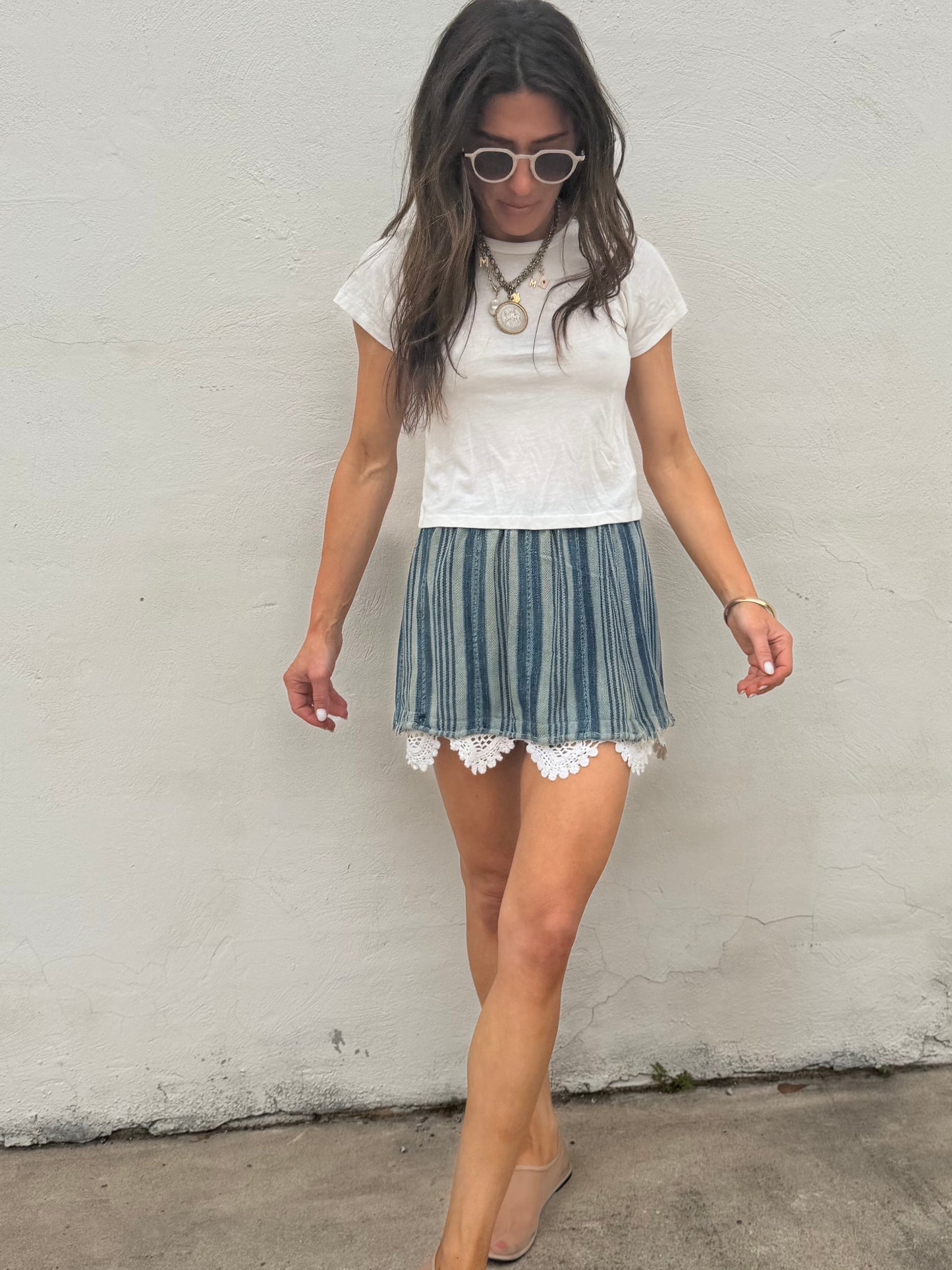 Indigo Stripe Baule Mini Skirt with Vtg Crochet Trim