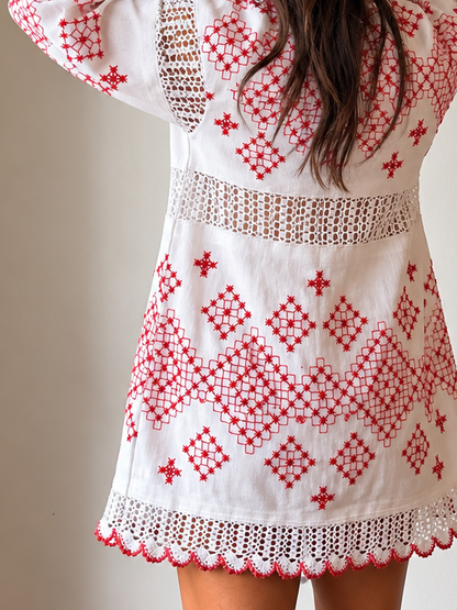 Hungarian Embroidered and Crochet Trim Mini Dress