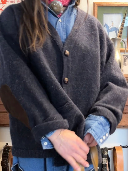Wool Cardigan with Leather Elbow and Buttons