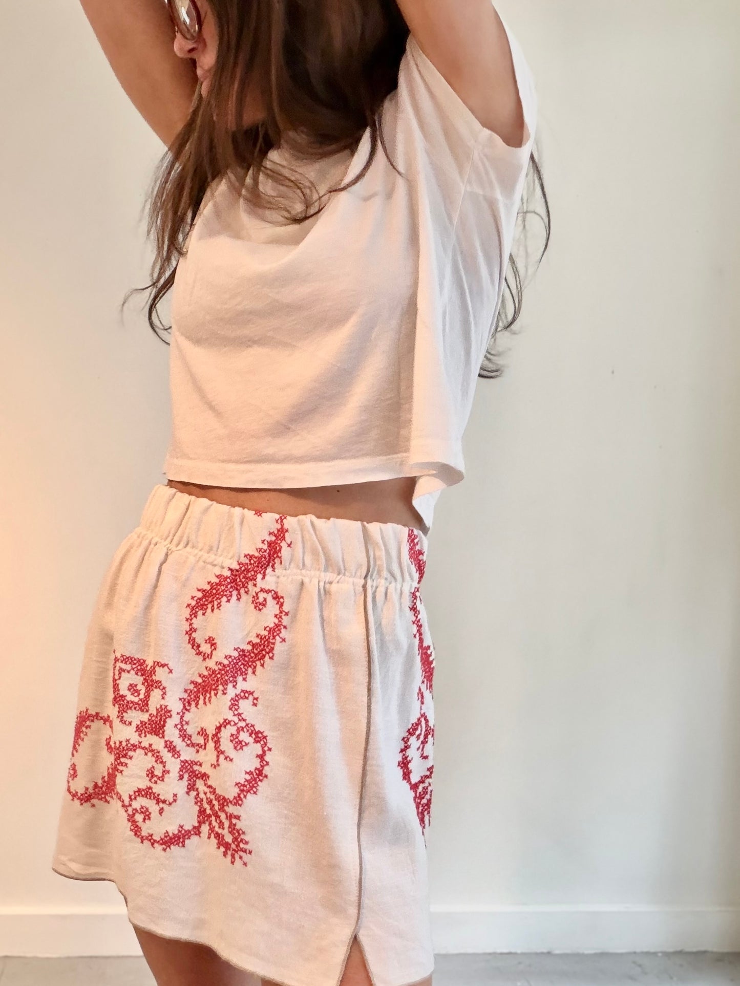 Red Embroidered Faux Wrap Mini