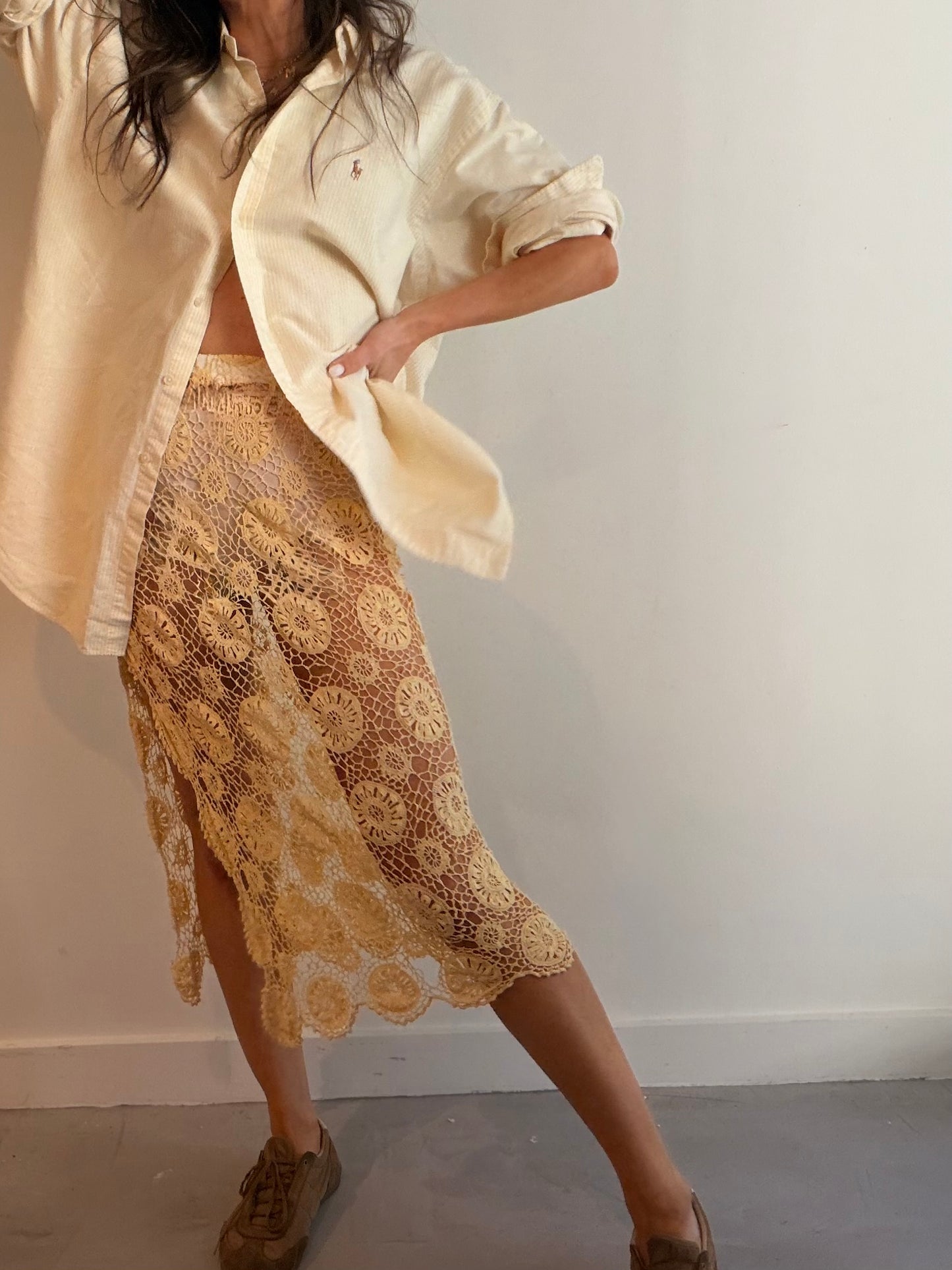 Yellow Lace Midi Skirt