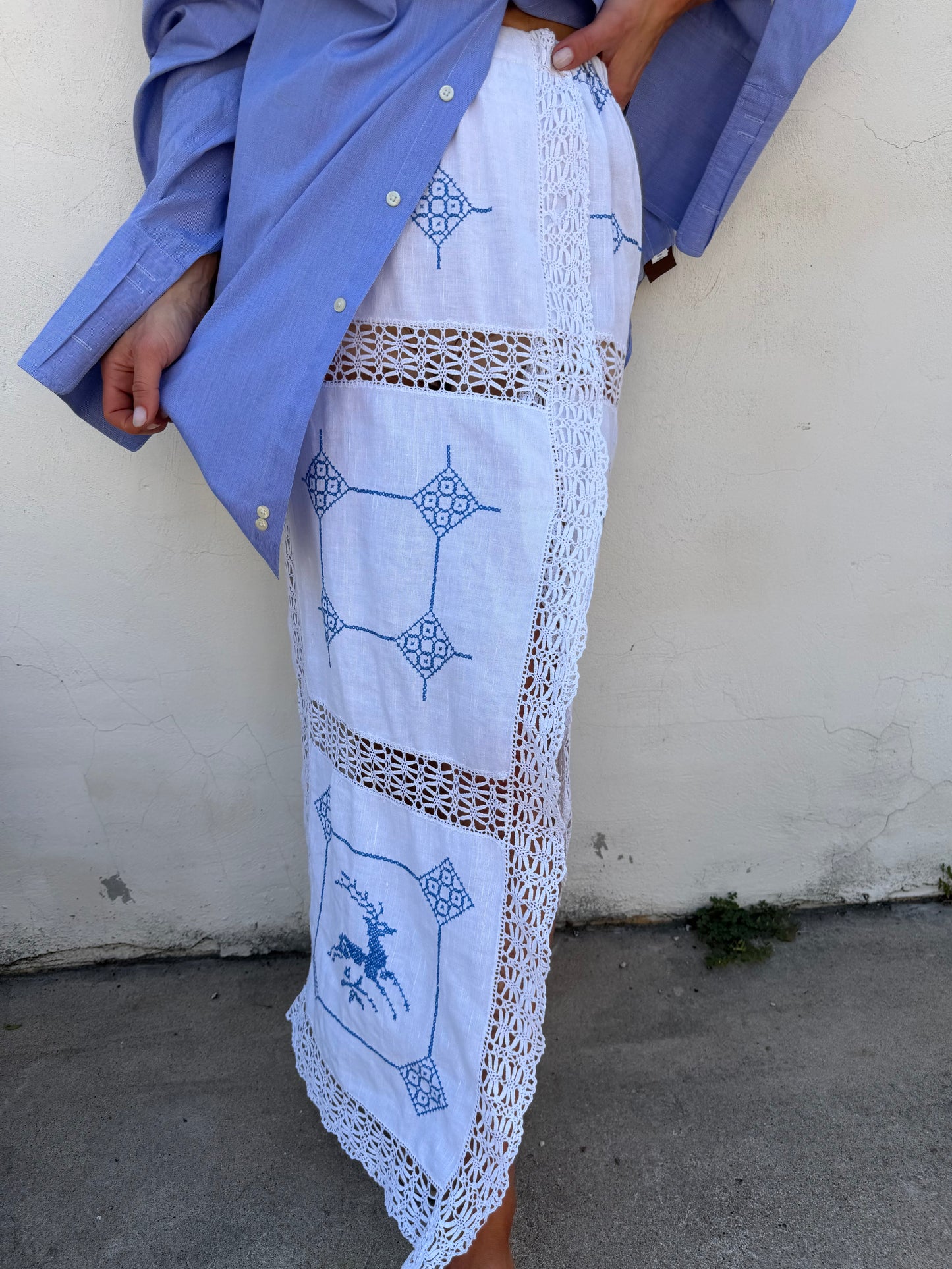 White Scandi Maxi Skirt w/ Blue Embroidery