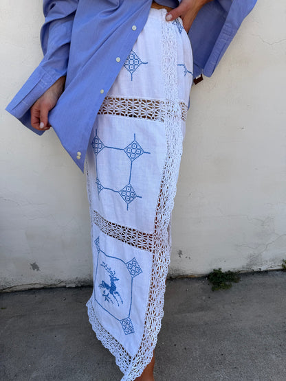 White Scandi Maxi Skirt w/ Blue Embroidery