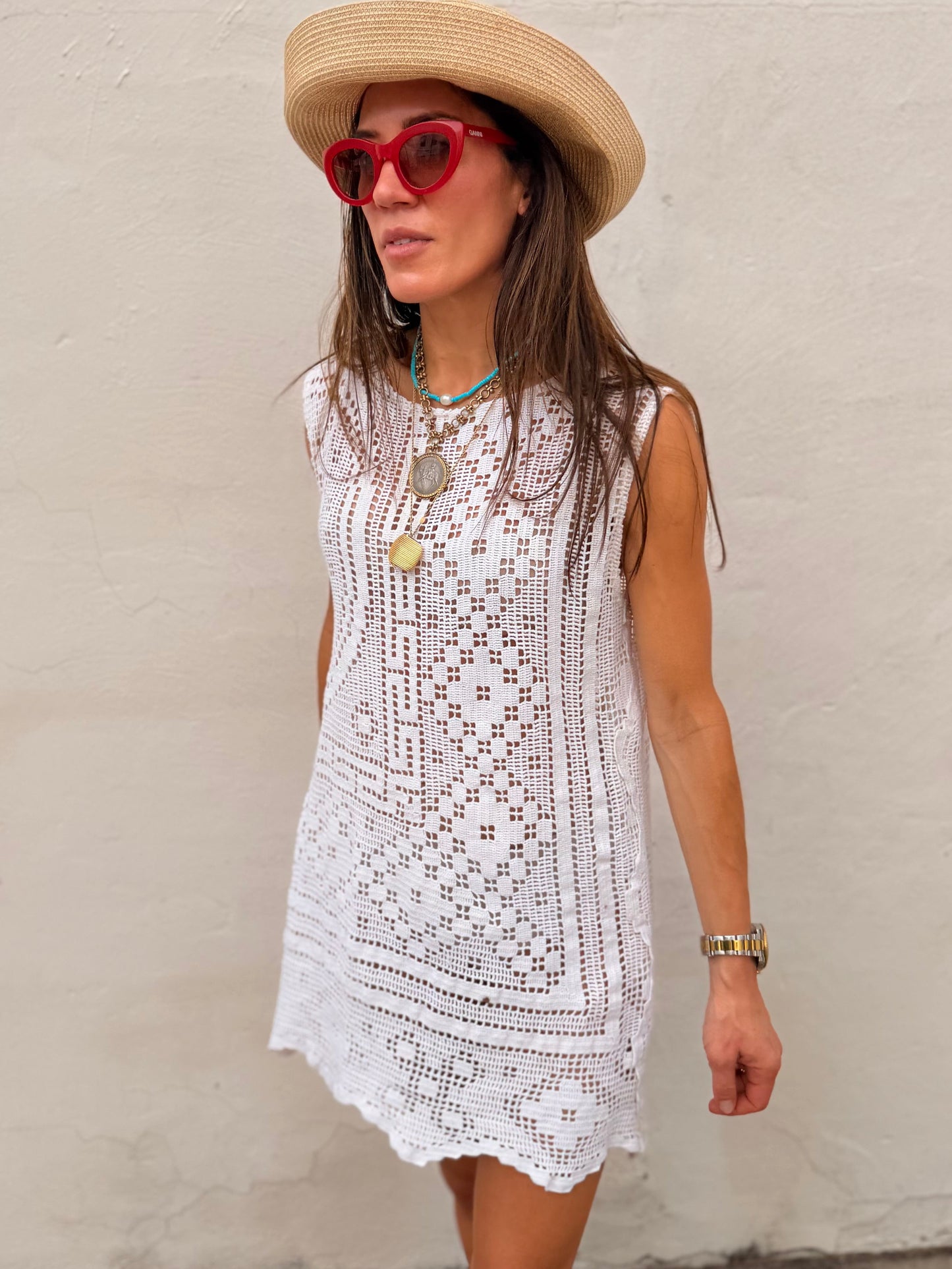 Crocheted Mini Dress White