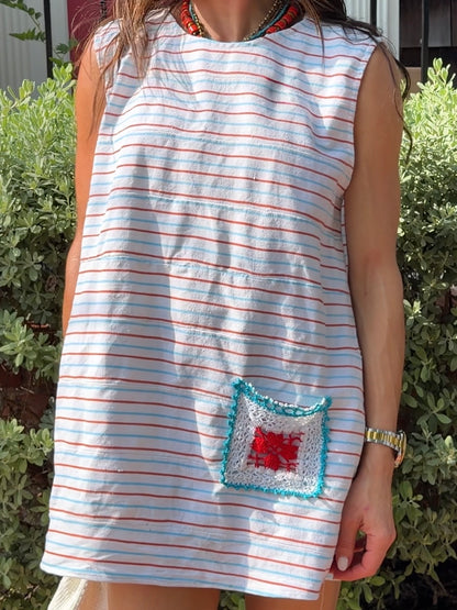 Striped Mini Dress with Crochet Pocket