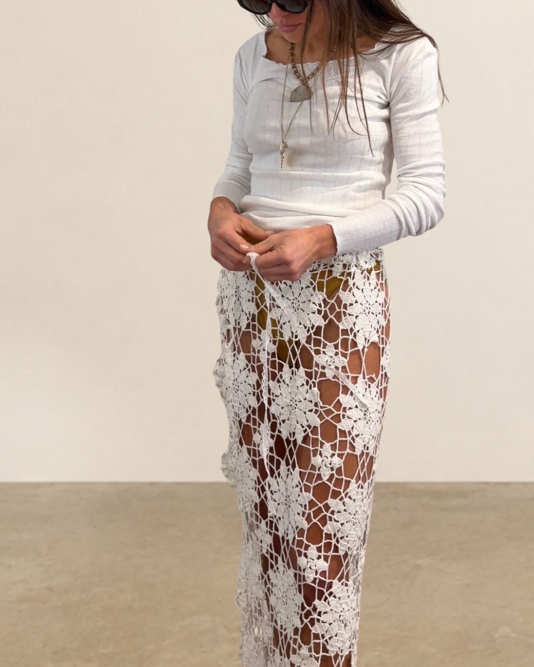 Openwork Crochet Drawstring Maxi Skirt