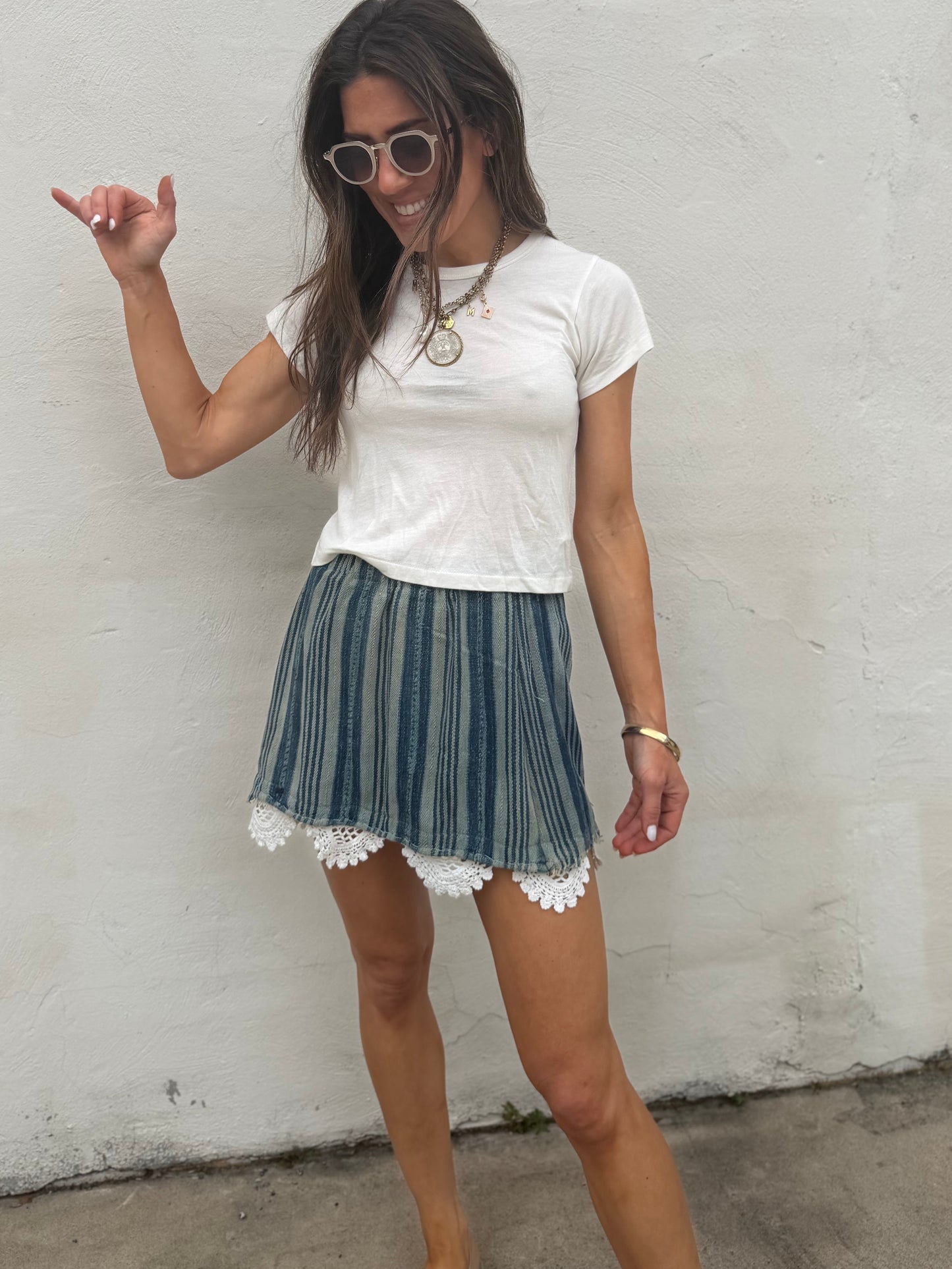 Indigo Stripe Baule Mini Skirt with Vtg Crochet Trim