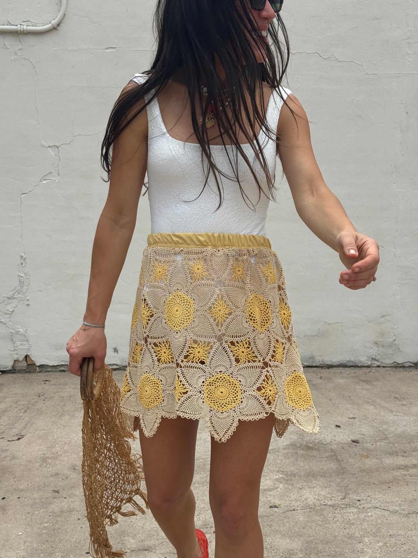 Lace Tablecloth Mini Skirt Yellow/Tan