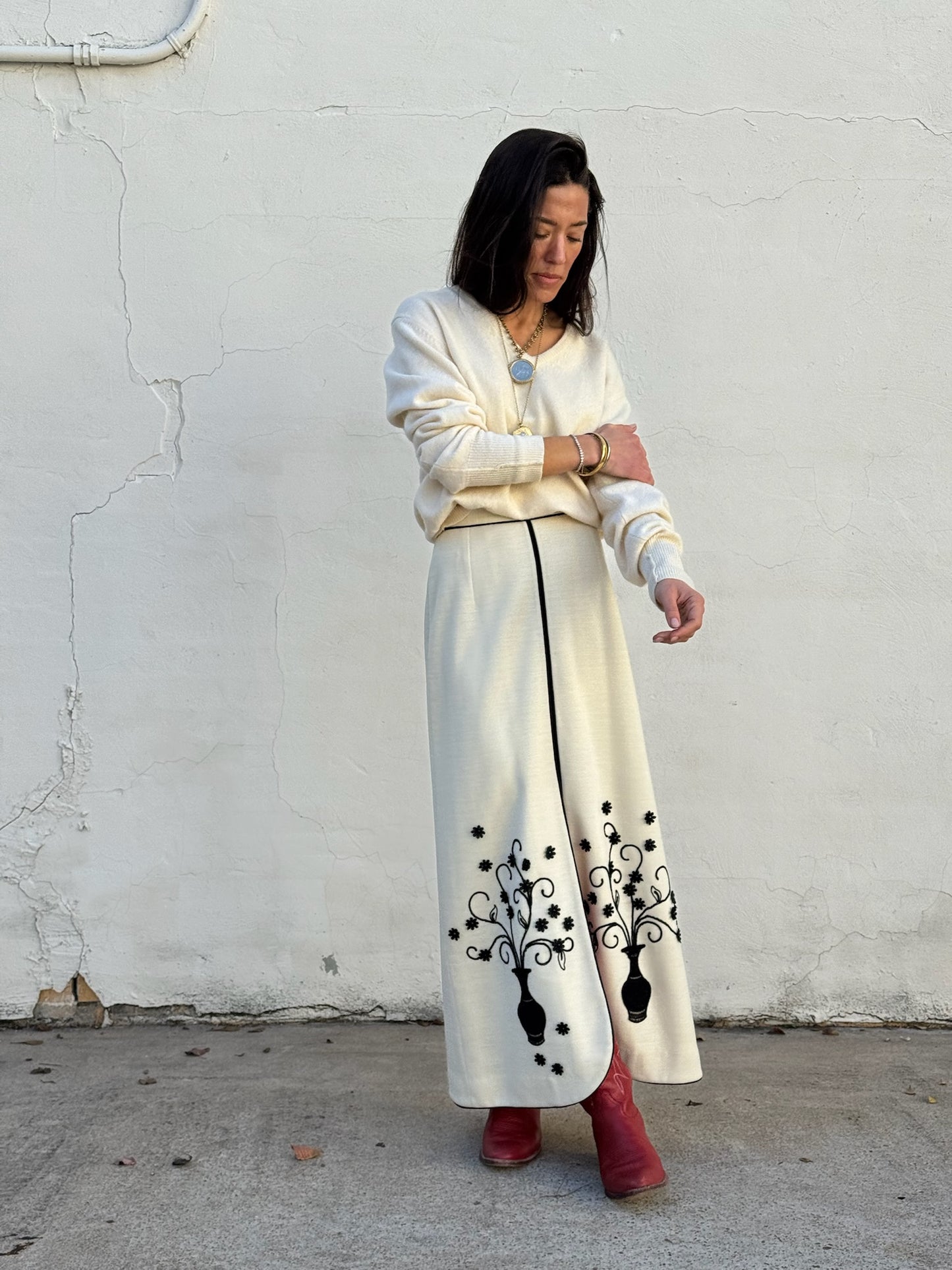 Cream Embroidered Maxi Skirt