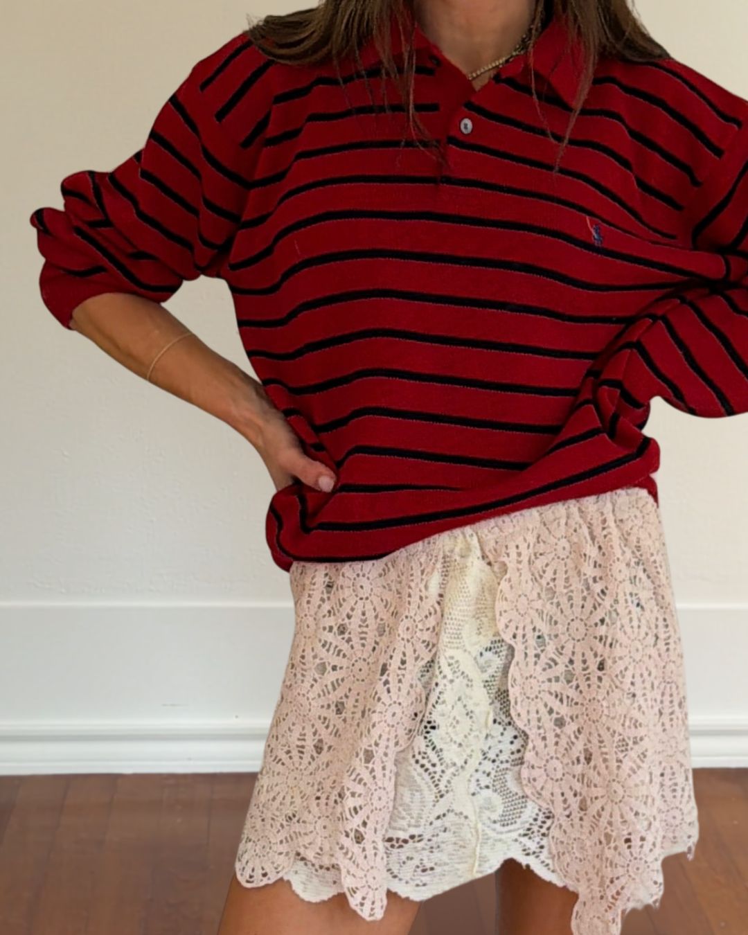 Red and Navy Stripe Cotton Polo Knit