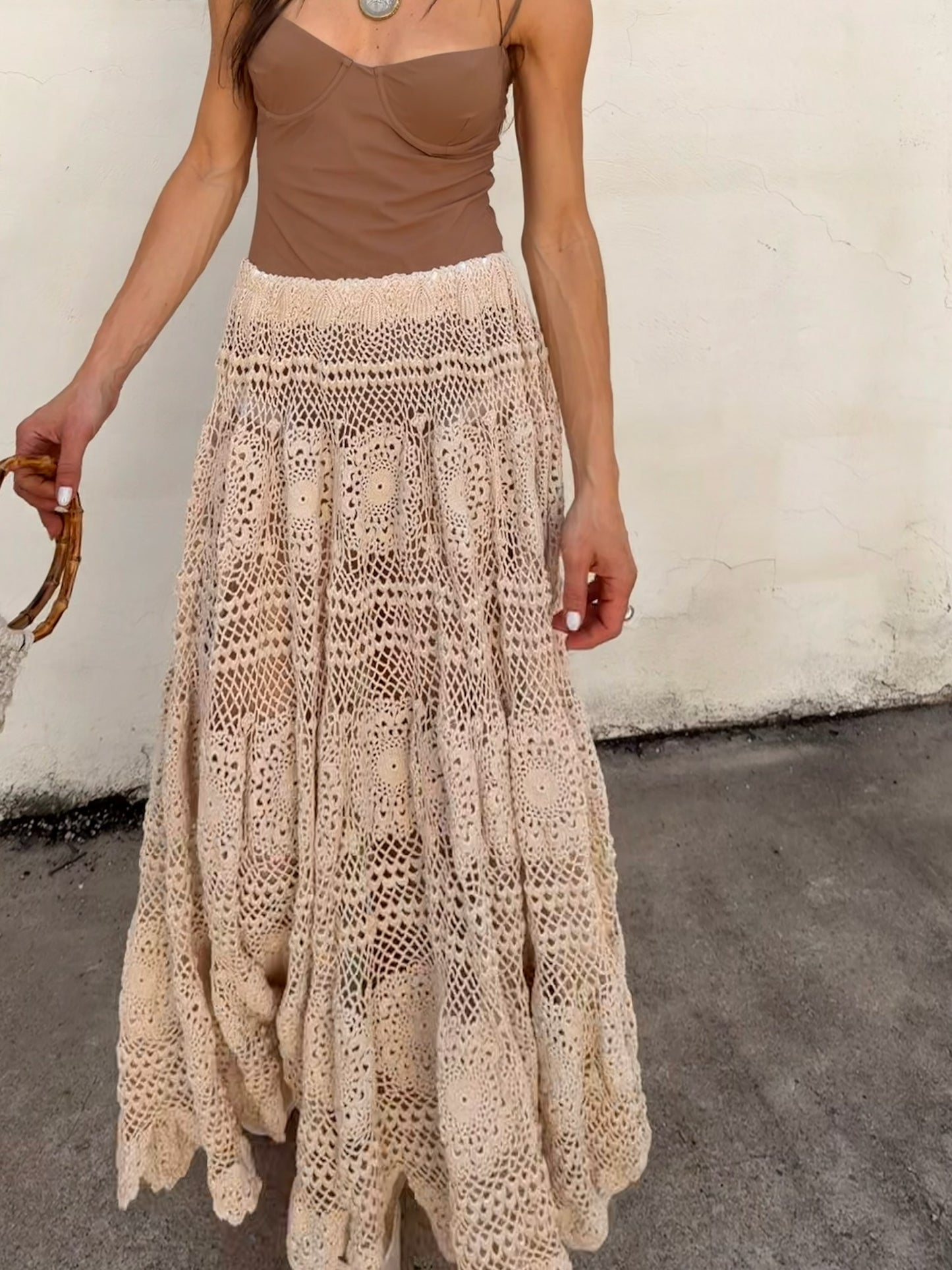Tan Crochet Full Maxi Skirt