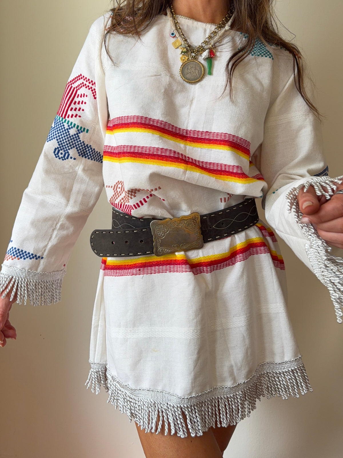 Guatemalan Long Sleeve Mini Dress Off White with Tassels