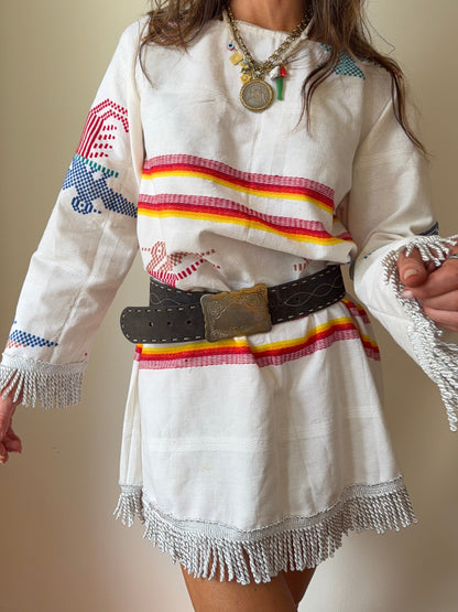 Guatemalan Long Sleeve Mini Dress Off White with Tassels