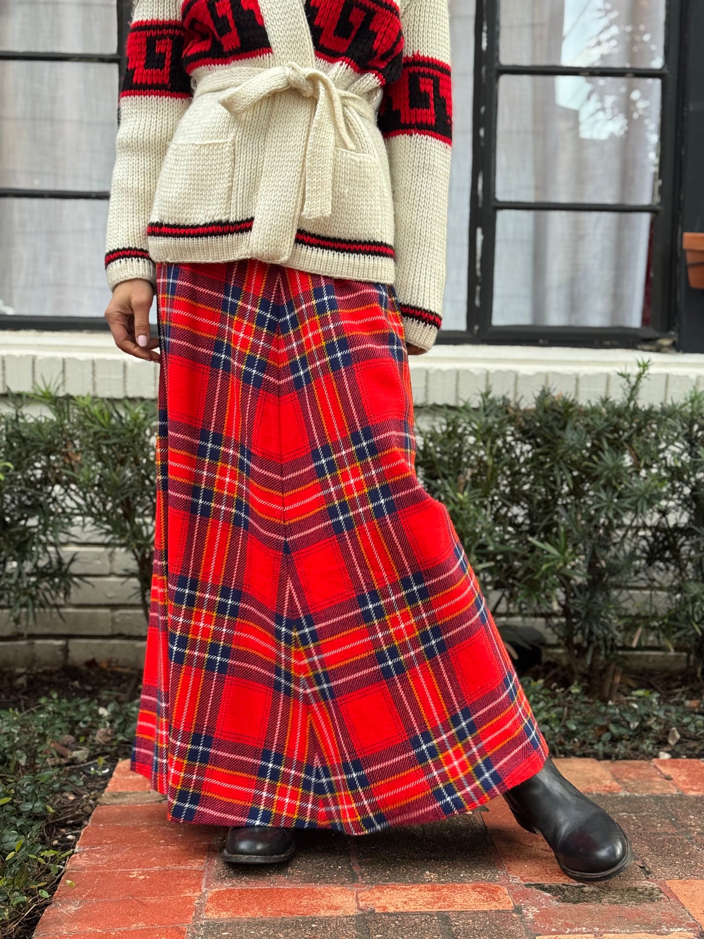 Bold Red Tartan Wool Maxi Skirt