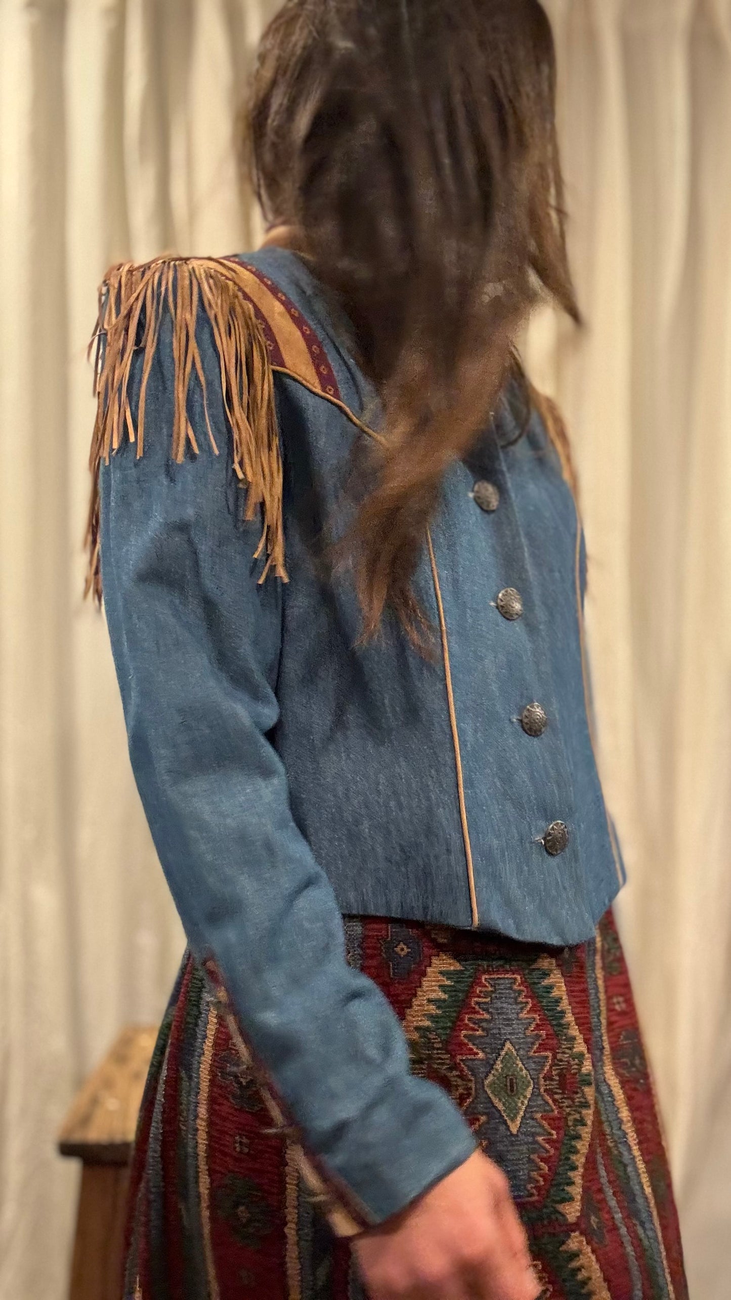 Denim Fringe Military Crop Jacket