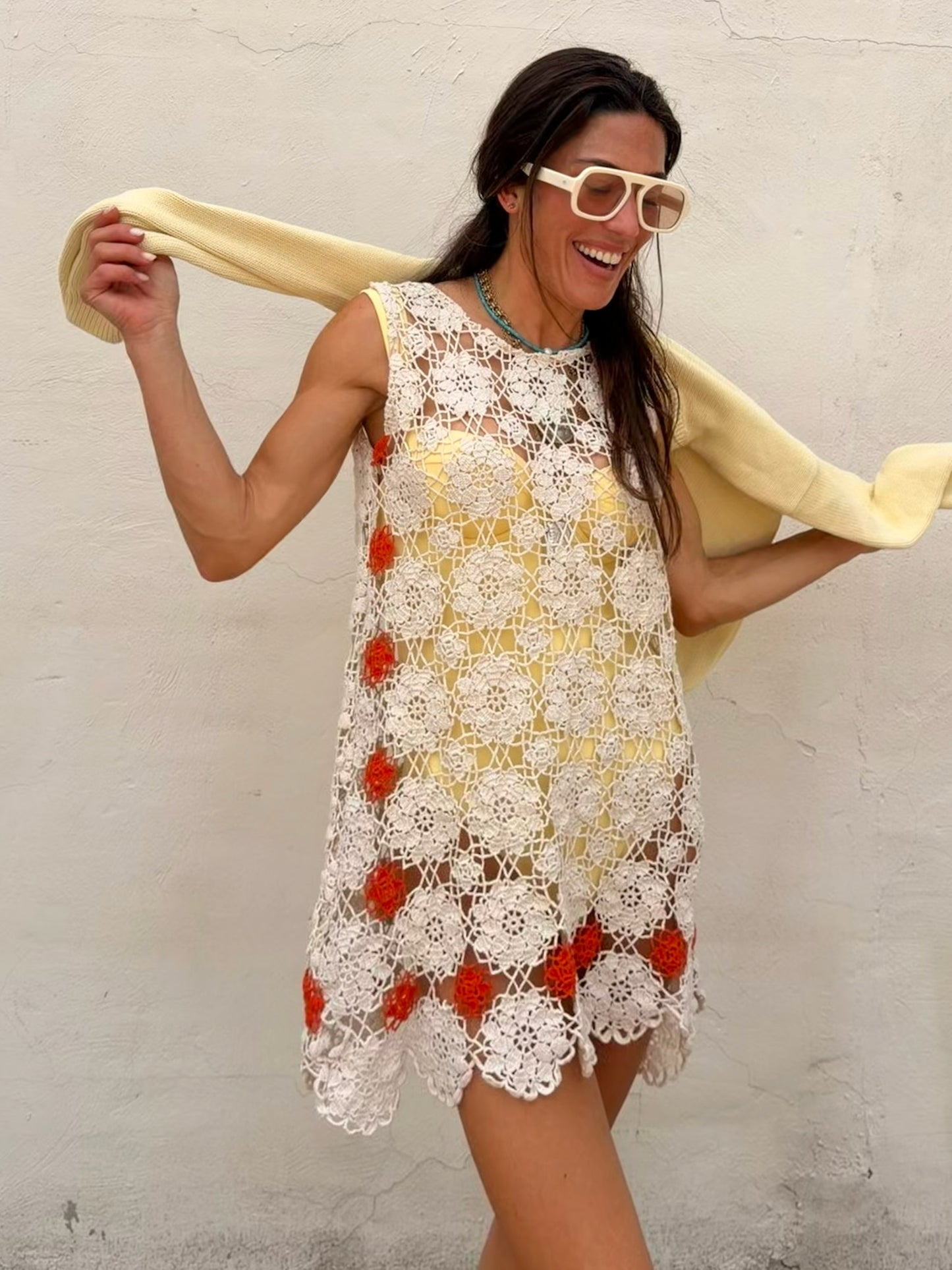 Orange and Ivory Crochet Mini Dress