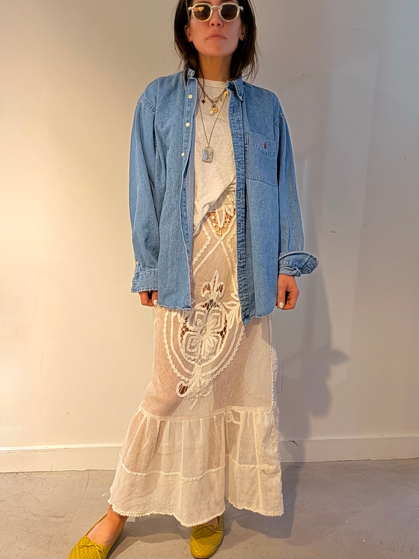 Net Embroidery Maxi Skirt with Flounce