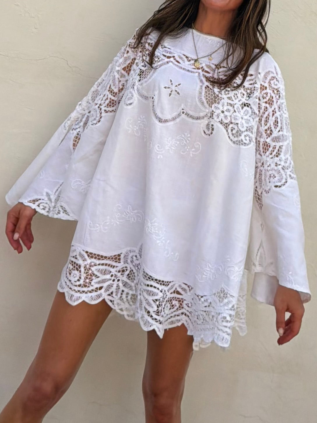 Bell Sleeve Cutwork Mini Dress