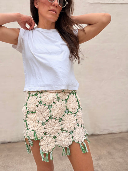 Green and Cream Crochet Fringe Mini