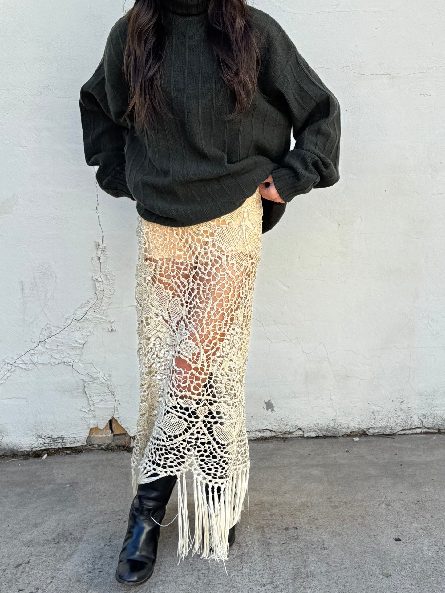 Antique Silk Crochet Fringe Tablecloth Skirt