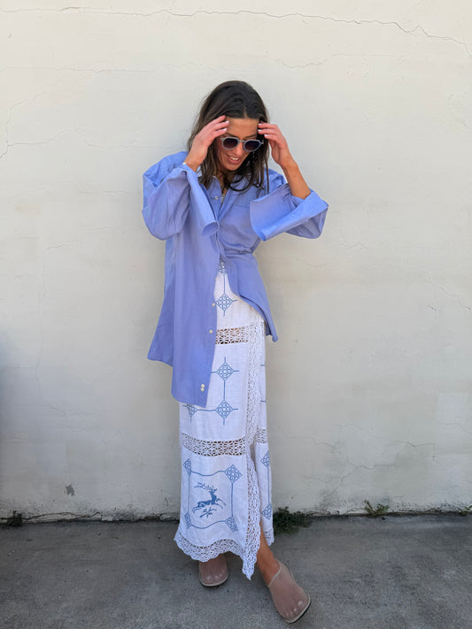 White Scandi Maxi Skirt w/ Blue Embroidery