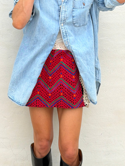 Woven Textile and Crochet Mini Skirt