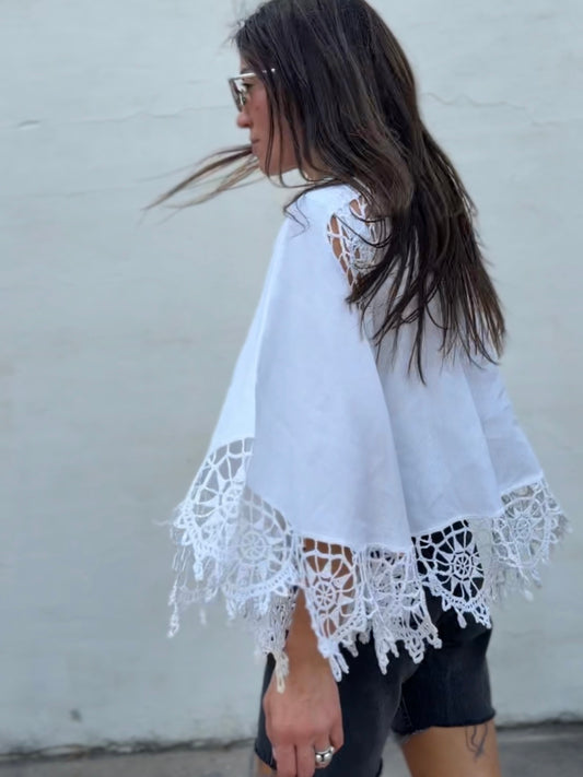 Lace Trimmed Cutwork Linen Bell Sleeve Top