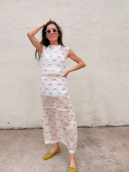 Maxi Dress Antique Organdy with Red Embroidery