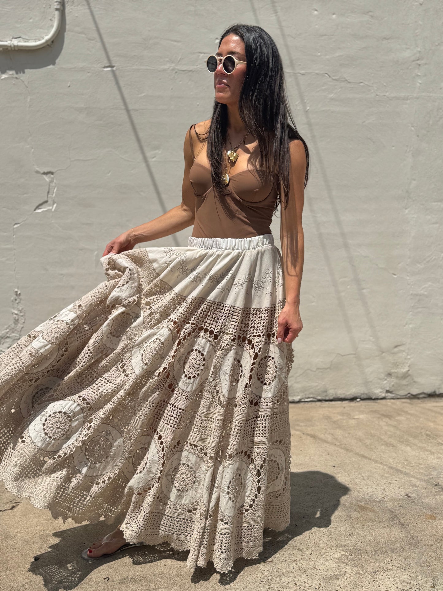 Crochet Lace Circle Skirt Beige