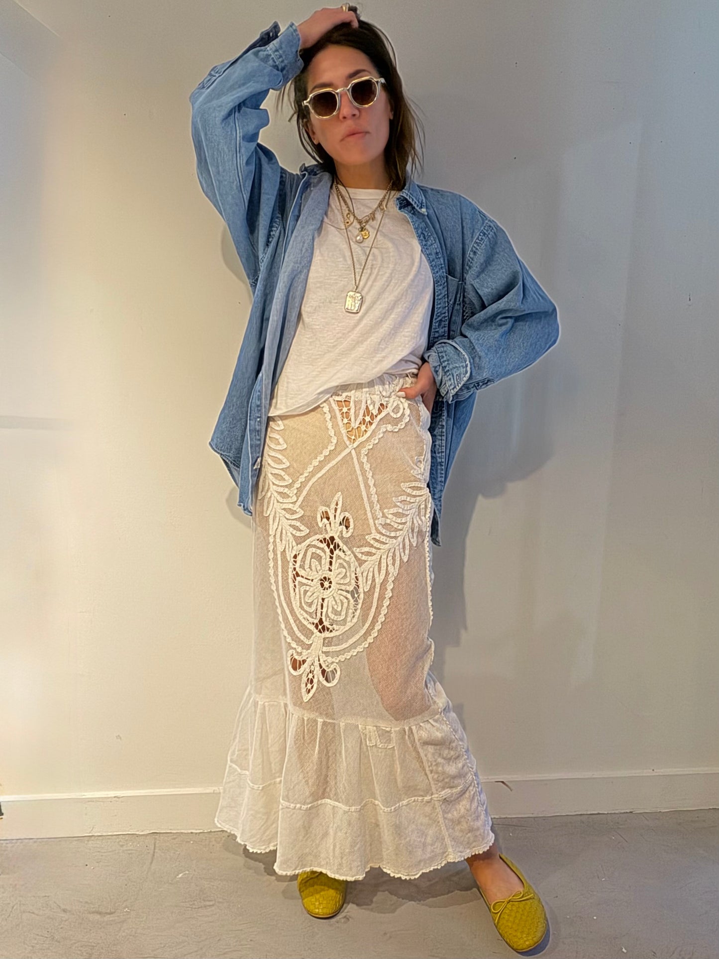 Net Embroidery Maxi Skirt with Flounce