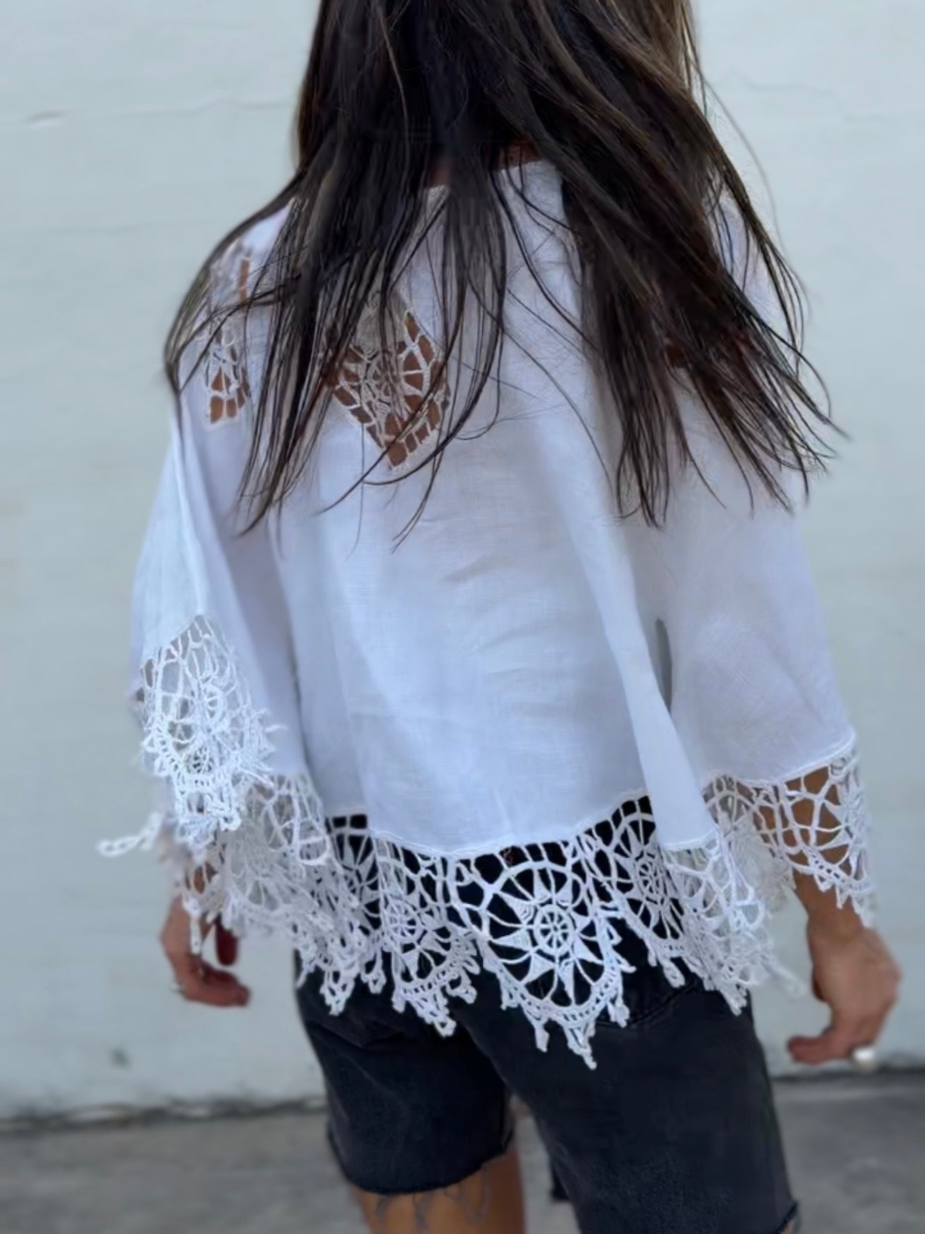 Lace Trimmed Cutwork Linen Bell Sleeve Top