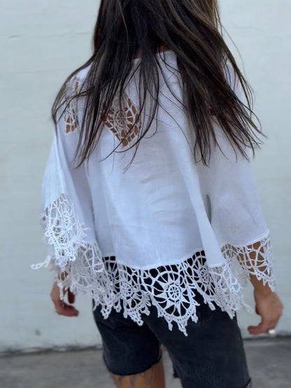 Lace Trimmed Cutwork Linen Bell Sleeve Top