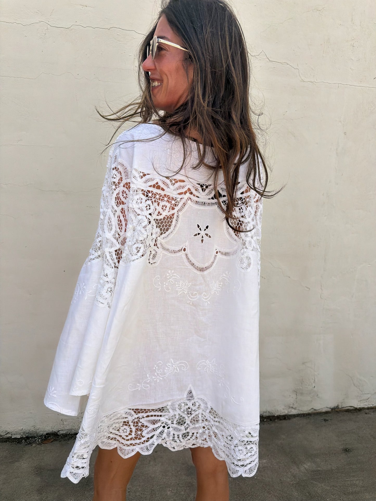 Bell Sleeve Cutwork Mini Dress