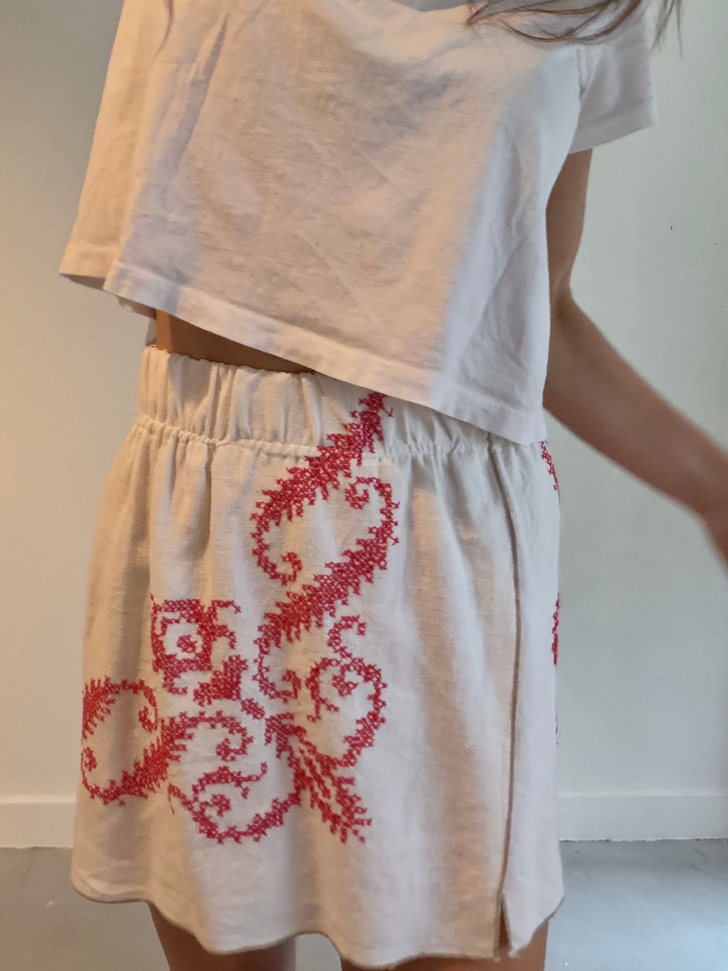 Red Embroidered Faux Wrap Mini