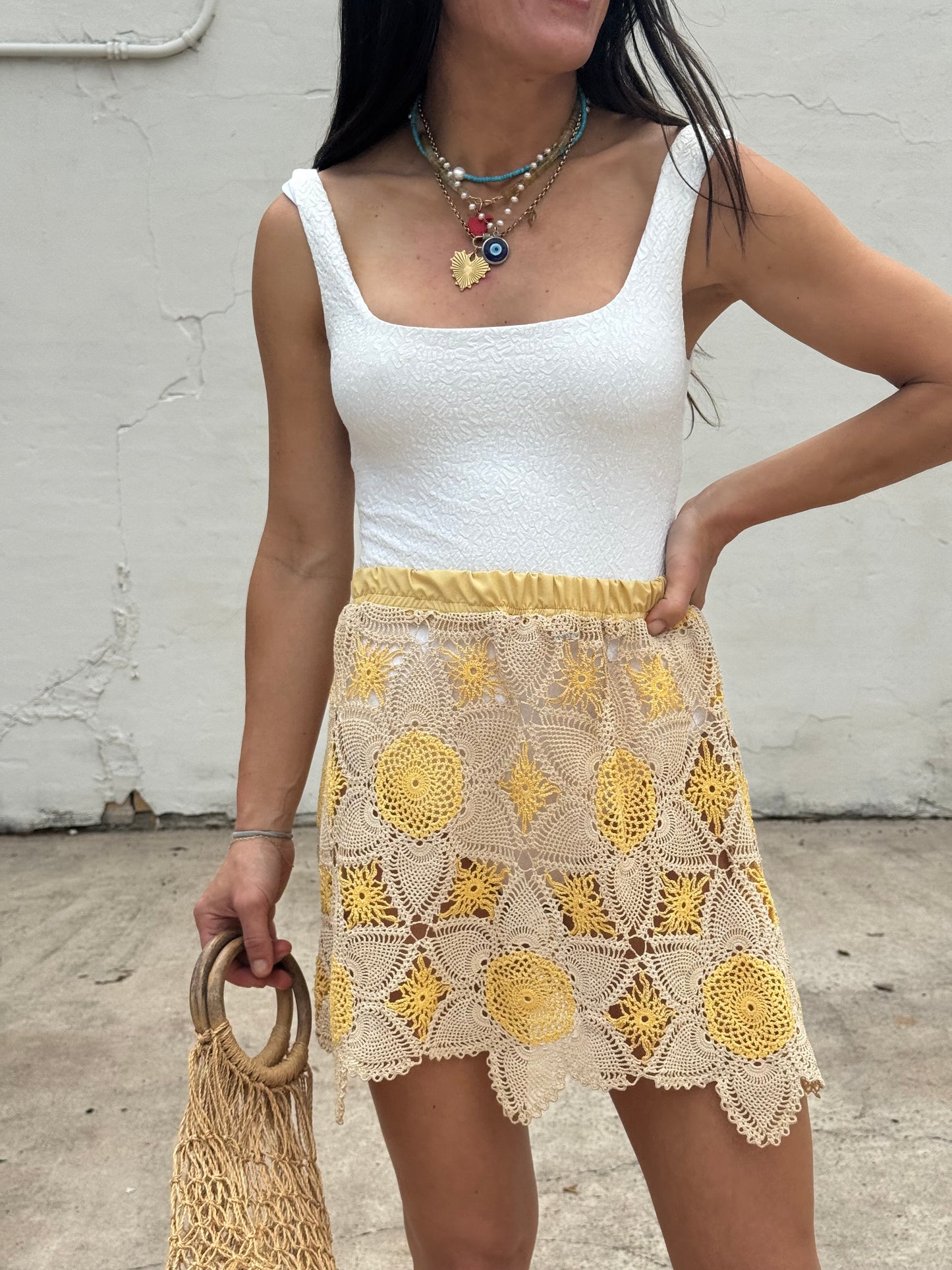 Lace Tablecloth Mini Skirt Yellow/Tan
