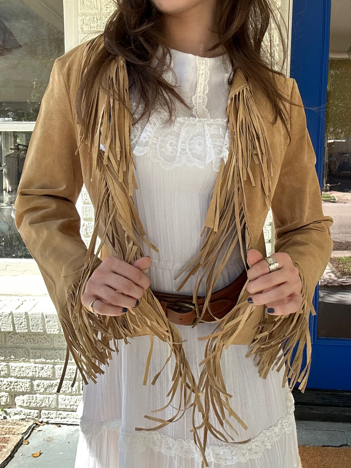 Cropped Tan Suede Fringe Jacket