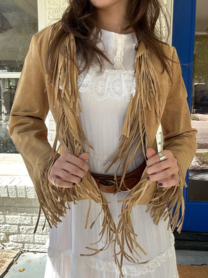 Cropped Tan Suede Fringe Jacket