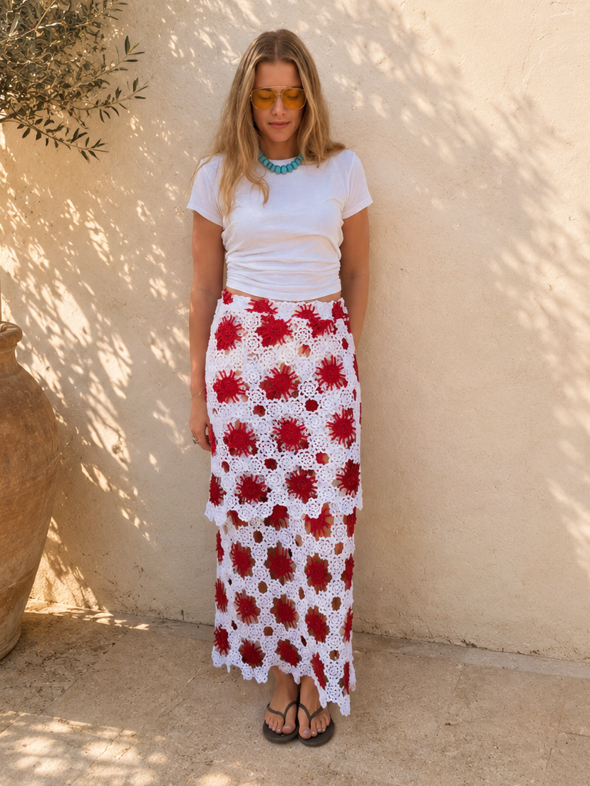 Tiered Crochet Maxi Skirt Red and White