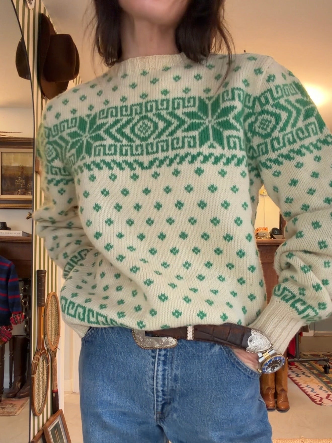 Fair Isle Green/Cream Wool Sweater