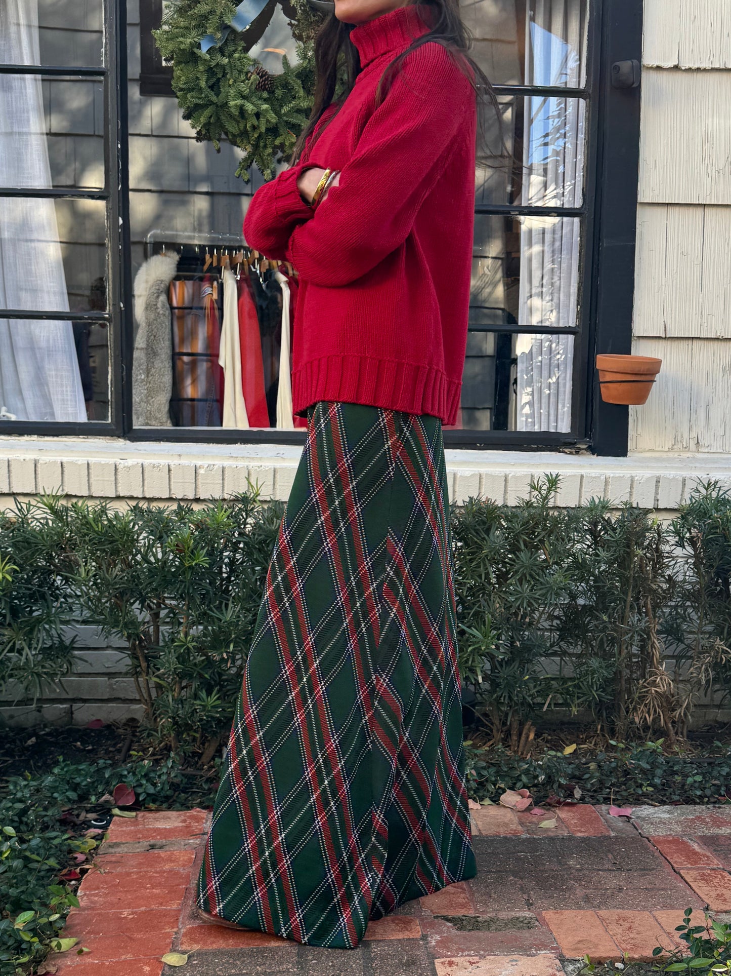 70s Green Tartan Stretch Maxi