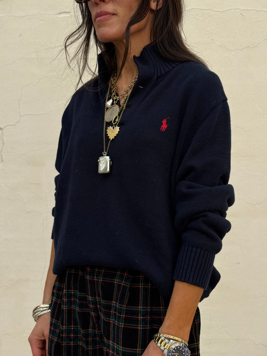 Navy Cotton Polo Neck Knit