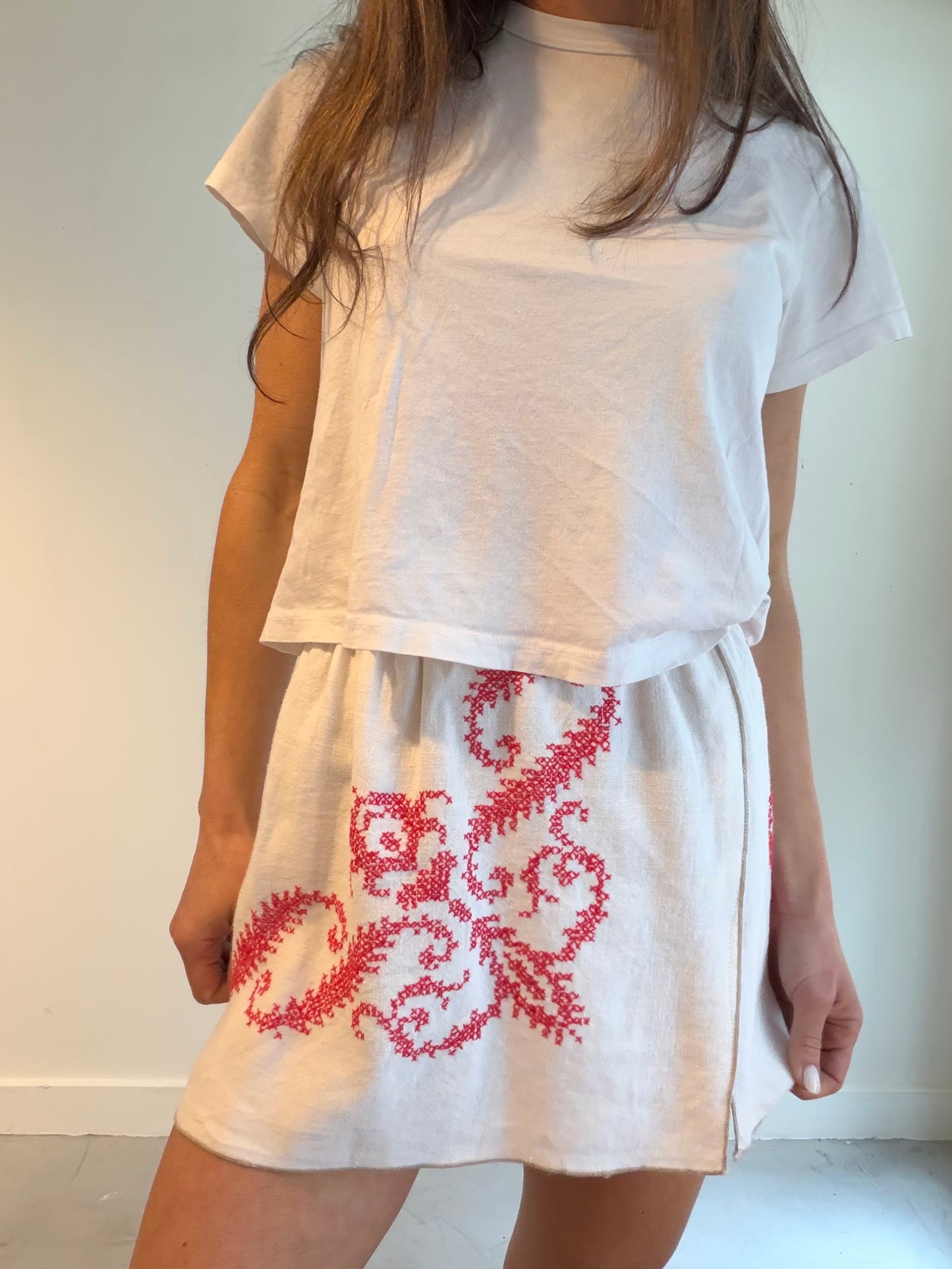 Red Embroidered Faux Wrap Mini