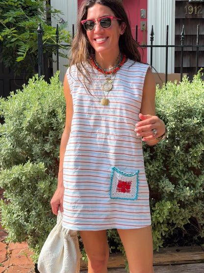 Striped Mini Dress with Crochet Pocket