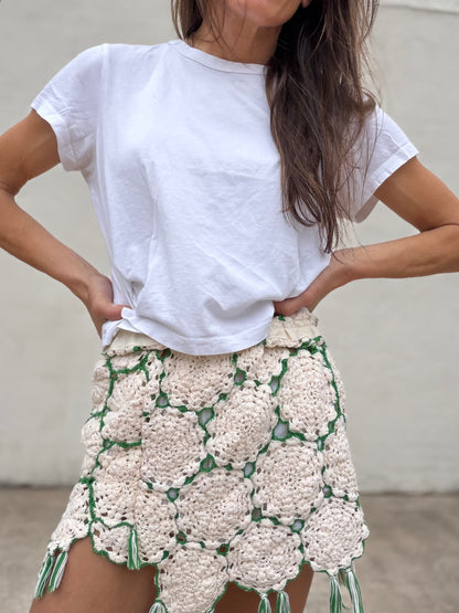 Green and Cream Crochet Fringe Mini