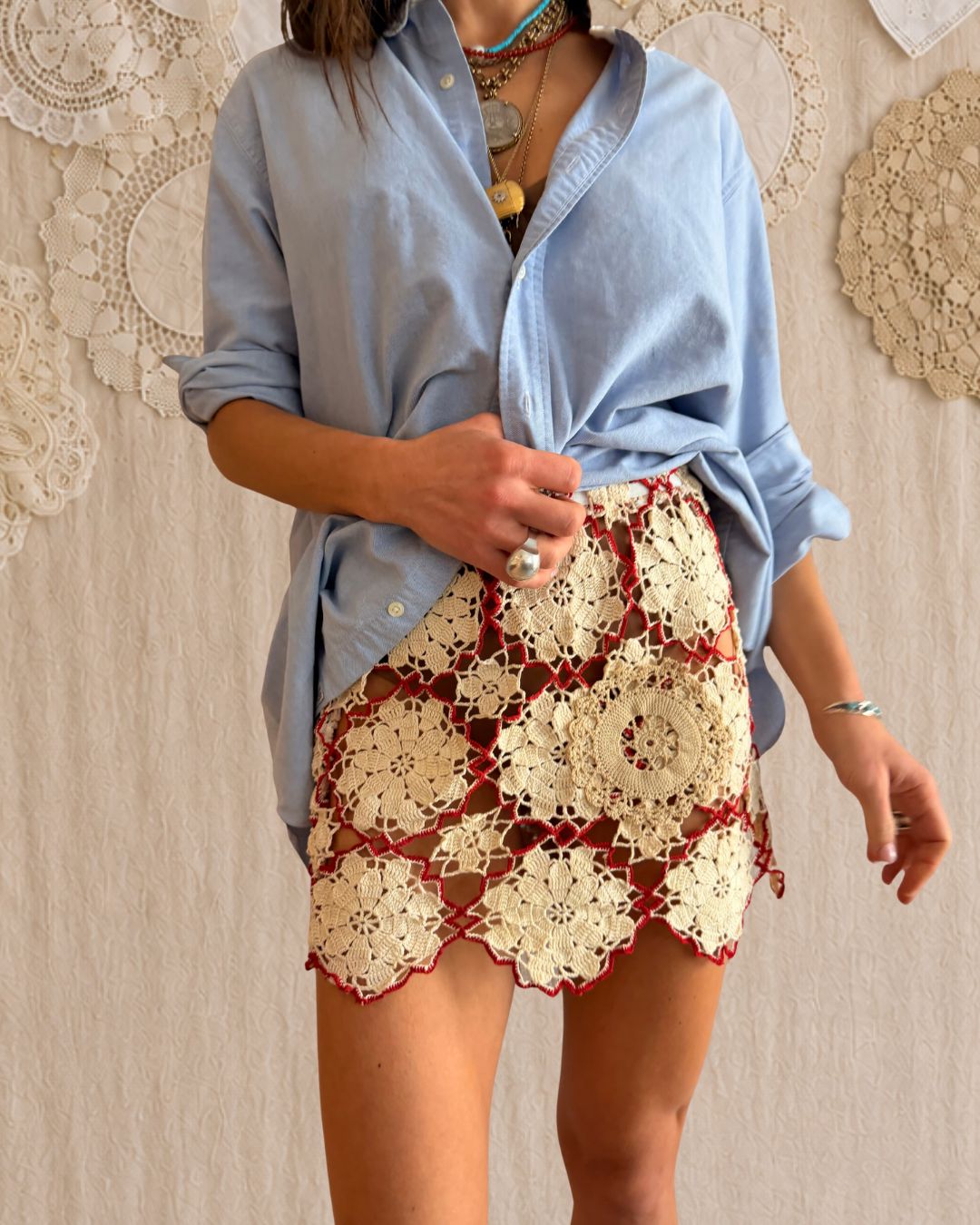Red and Beige Mixed Crochet Mini